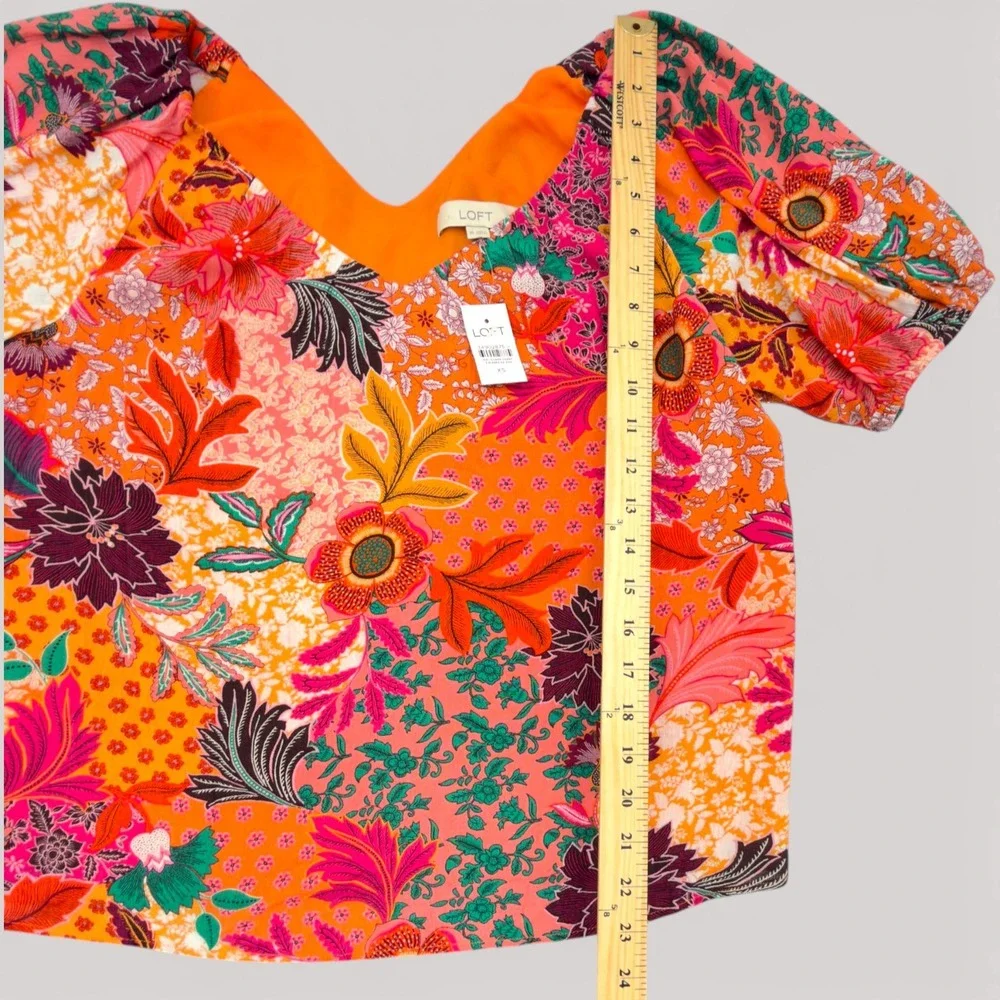 LOFT‎ XS NWT Floral Patchwork Blouse Puff Sleeve Orange Lined Boho Top Tropical